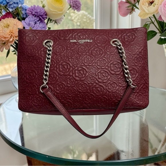 Karl Lagerfeld Handbags - Karl Lagerfeld Burgundy Embossed Shoulder Bag with Chain and leather strap